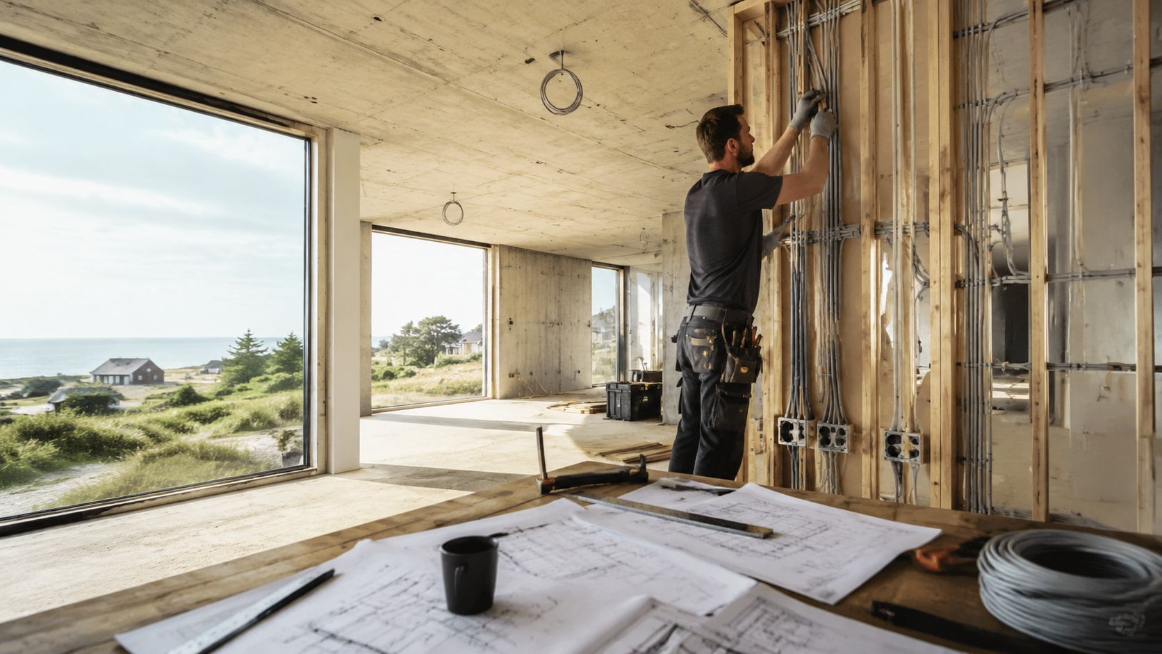 En elektriker arbejder med el-installationer i en moderne bygning under konstruktion med udsigt over havet.