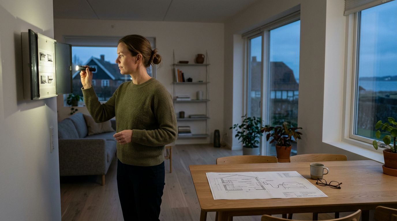 En kvinde undersøger sikringsskabet i et hjem ved hjælp af en lommelygte, mens hun kigger på tegninger.