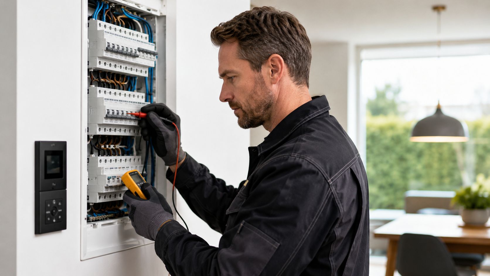 En professionel elektriker er i gang med at udføre el-tjek af et moderne sikringsskab i en bolig.
