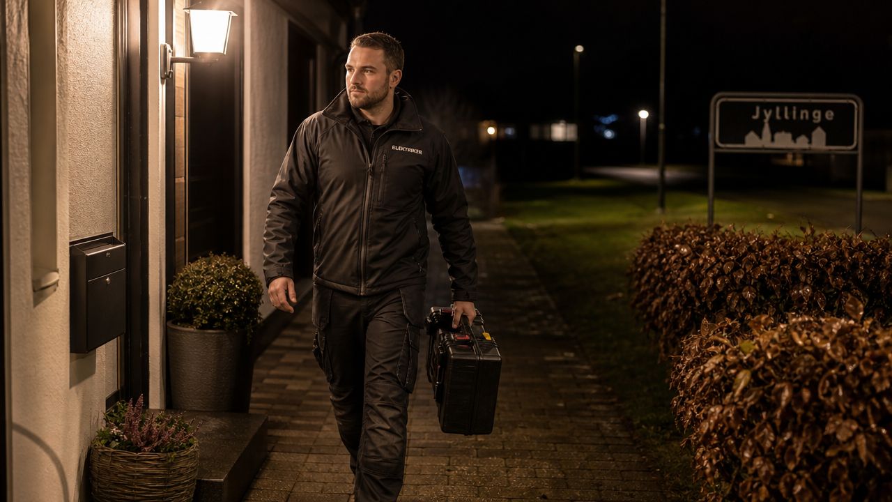 En professionel elektriker går mod en husdør med sin værktøjskasse i en mørk bygning i Jyllinge.