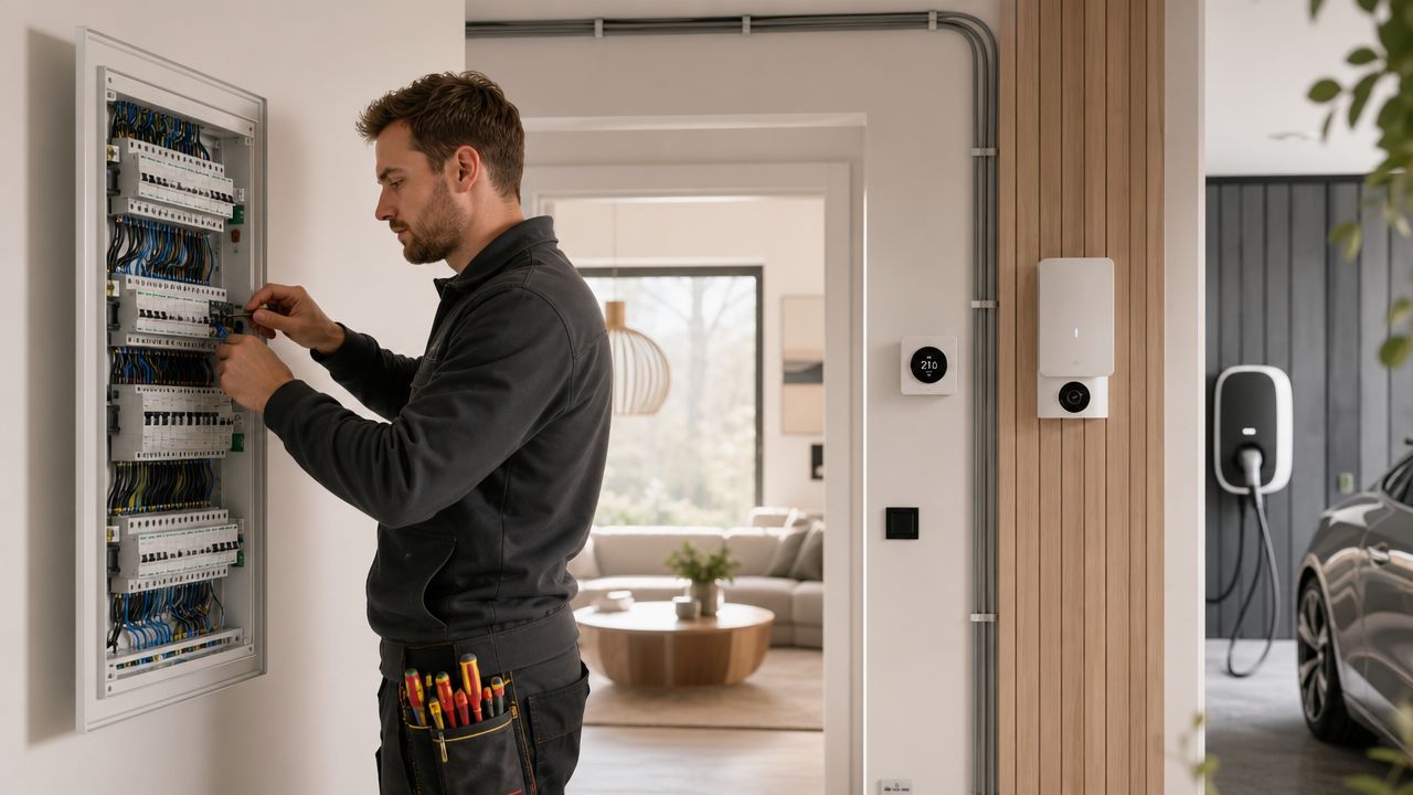 En professionel elektriker udfører vedligeholdelse af et elektrisk sikringsskab i et moderne og stilfuldt dansk hjem.