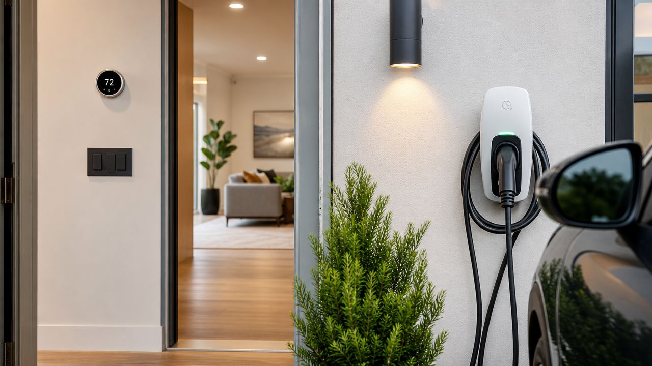 Moderne elbil-oplader monteret på væggen ved indgangen til et elegant og lyst boligmiljø i Rødovre.