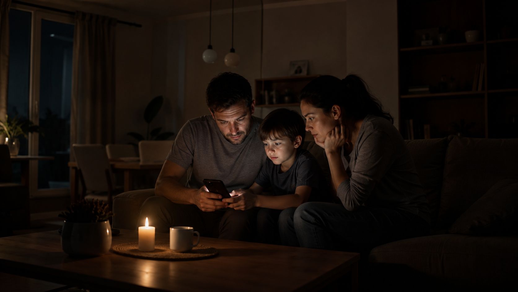 En familie sidder sammen i en mørk stue og kigger bekymret på en telefon under et strømsvigt.