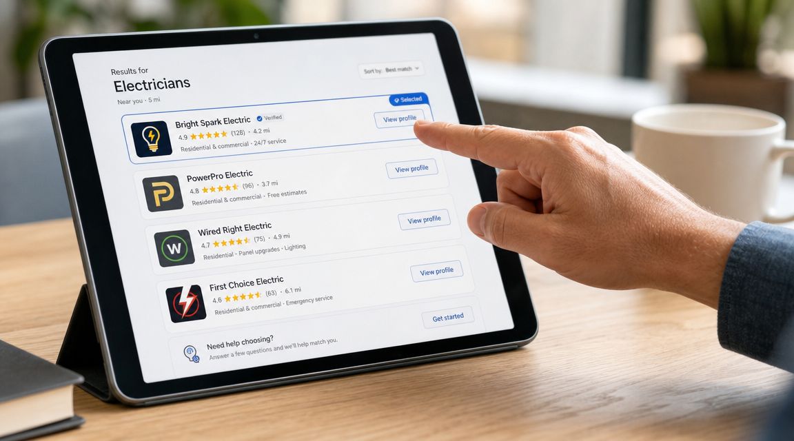 En person bruger en tablet til at finde lokale elektrikere gennem en online søgetjeneste på skærmen.