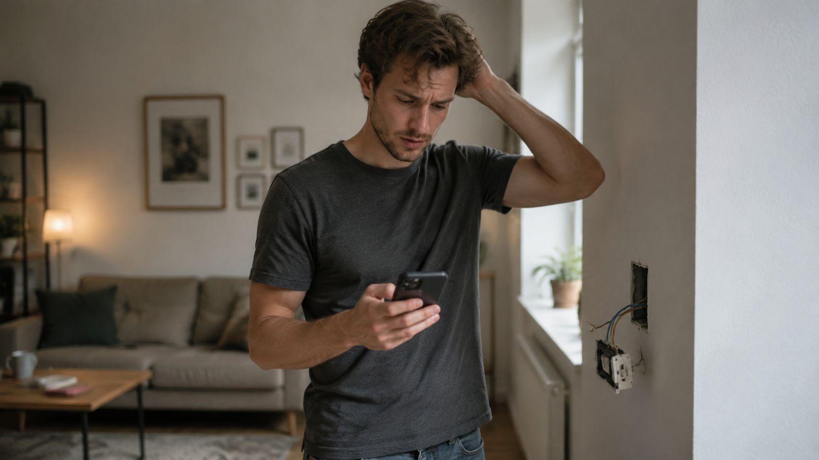 En forvirret mand kigger på sin telefon, mens han står ved en elektrisk installation i væggen.