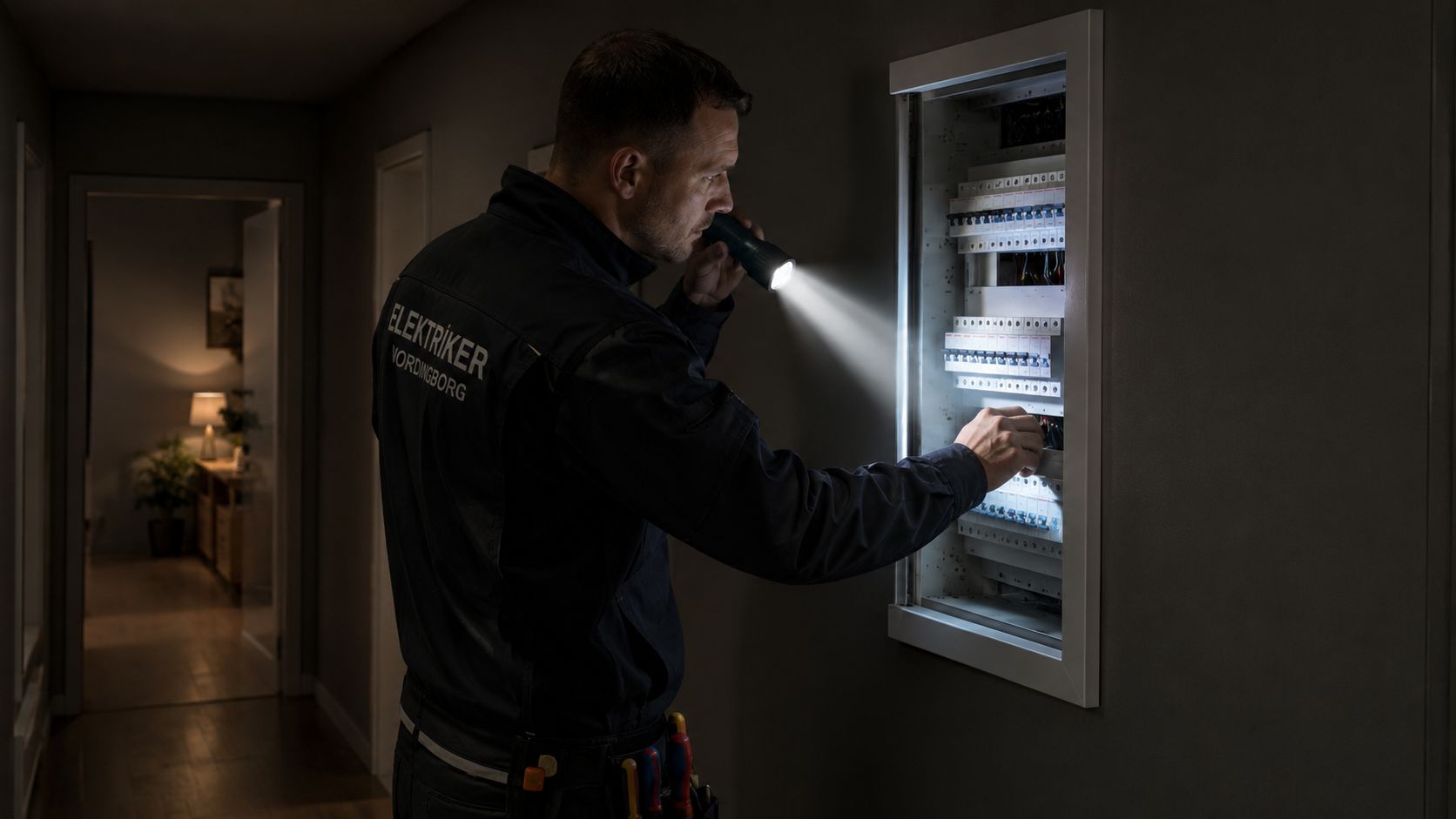 En professionel elektriker fra Vordingborg undersøger et elektrisk sikringsskab med en lommelygte i en mørk gang.