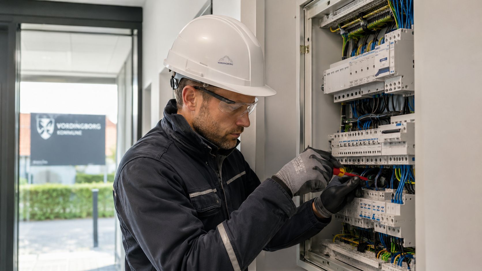 En elektriker fra Vordingborg kommune arbejder koncentreret med at vedligeholde et elektrisk sikringsskab i en bygning.