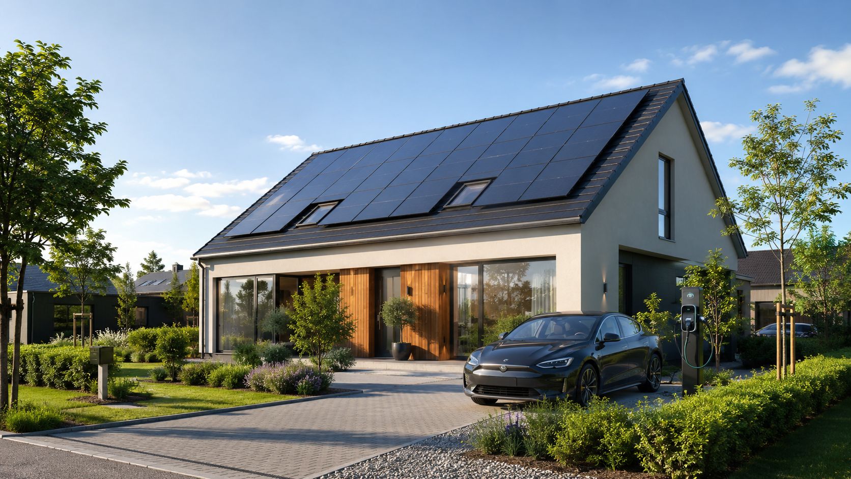 Et moderne hus med solcellepanel på taget og en elbil parkeret ved en ladestander i indkørslen.