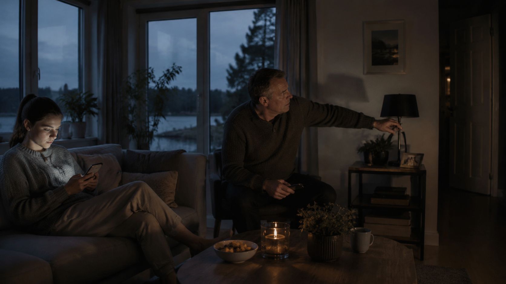 En far og en datter sidder i en stue uden strøm, oplyst kun af et stearinlys og telefonens skærm.