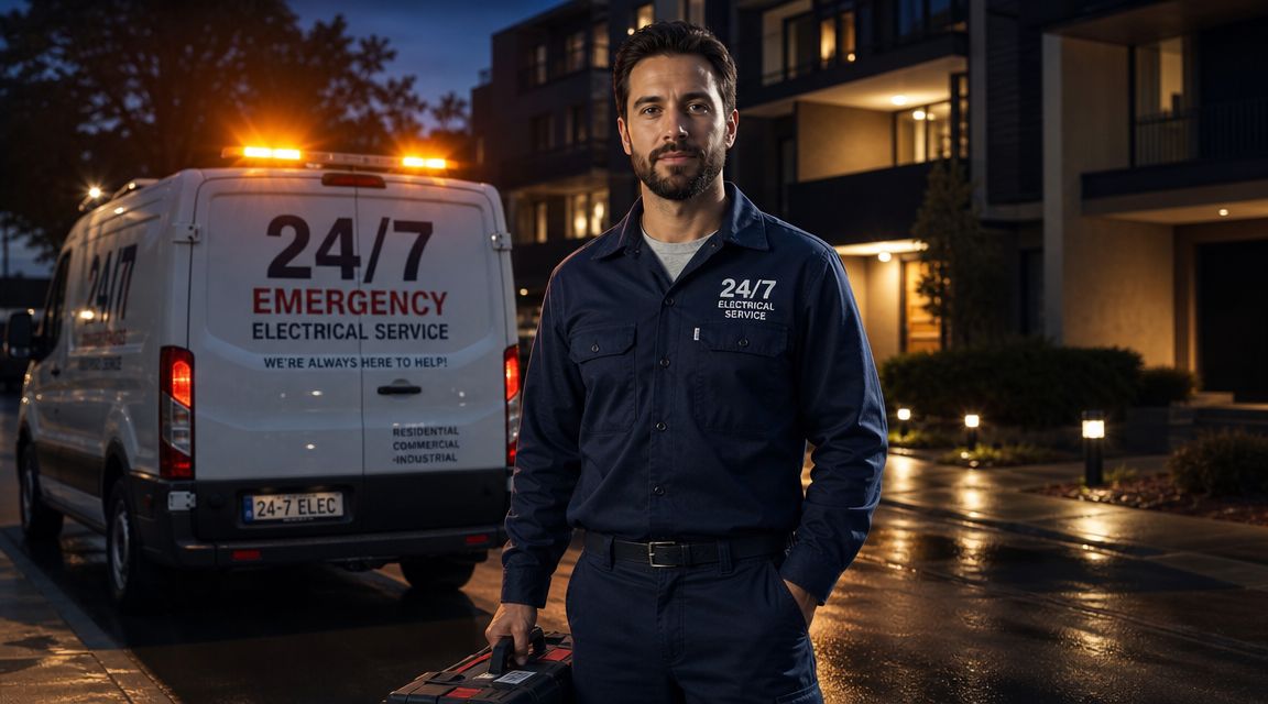 En professionel elektriker står foran en servicevogn om aftenen klar til at yde døgnservice i boligområder.