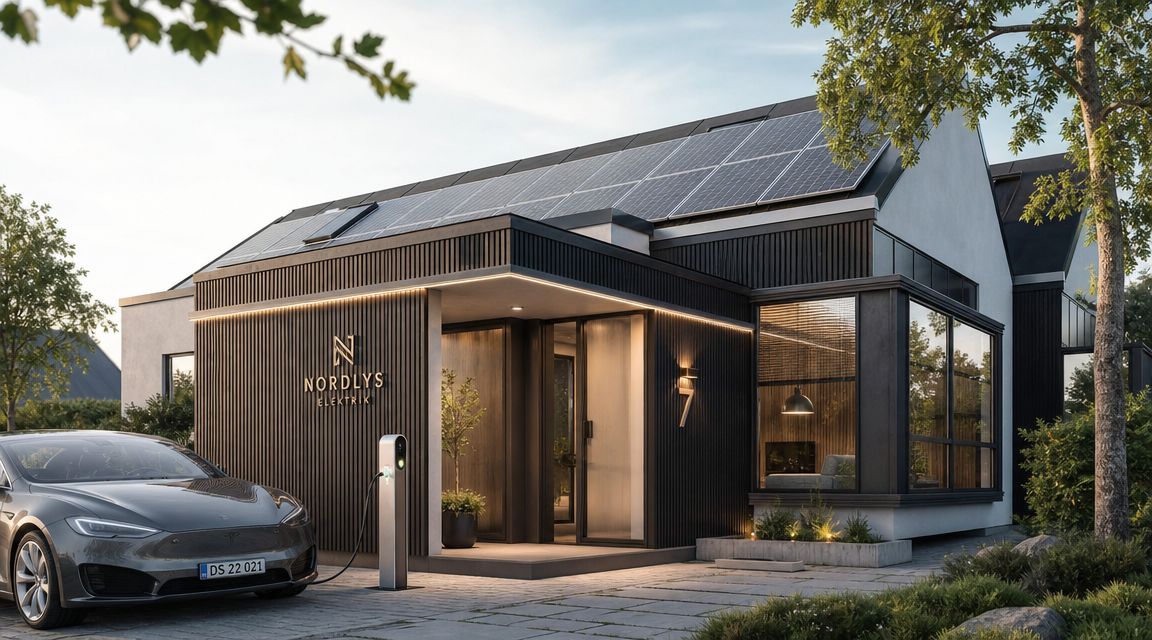 Moderne hus med solceller og elbil oplader fra Nordlys Elektrik i et stilfuldt boligområde.