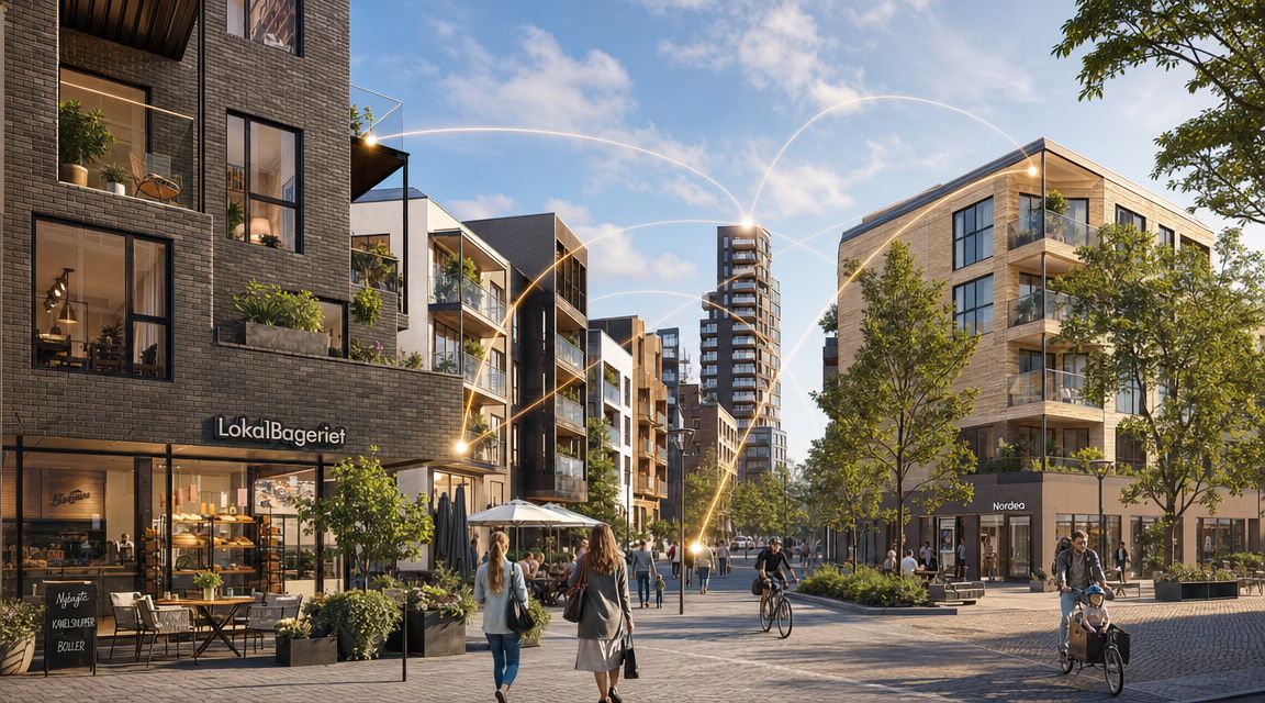 Moderne bybillede med butikker, boliger og forbindelseslinjer, der symboliserer smart byudvikling og infrastruktur i et boligområde.