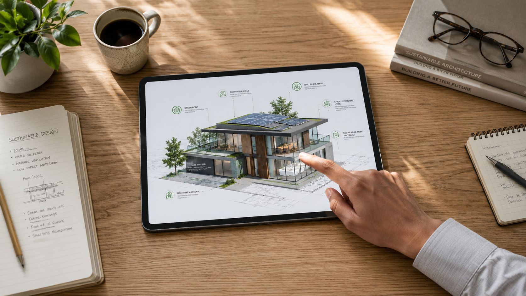 Person der arbejder på et digitalt arkitekturprojekt med fokus på bæredygtige og energioptimerede bygningsløsninger på en tablet.