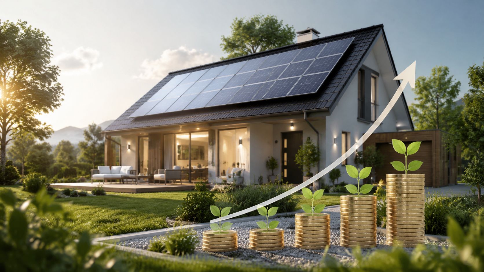 Moderne hus med solceller på taget og voksende stakke af mønter med planter, der symboliserer grøn energiinvestering.