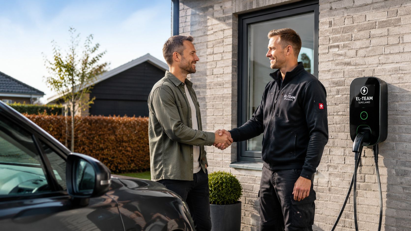 En tilfreds kunde giver hånd til en elektriker fra El-Team ved en nymonteret ladestander til elbil ved huset.