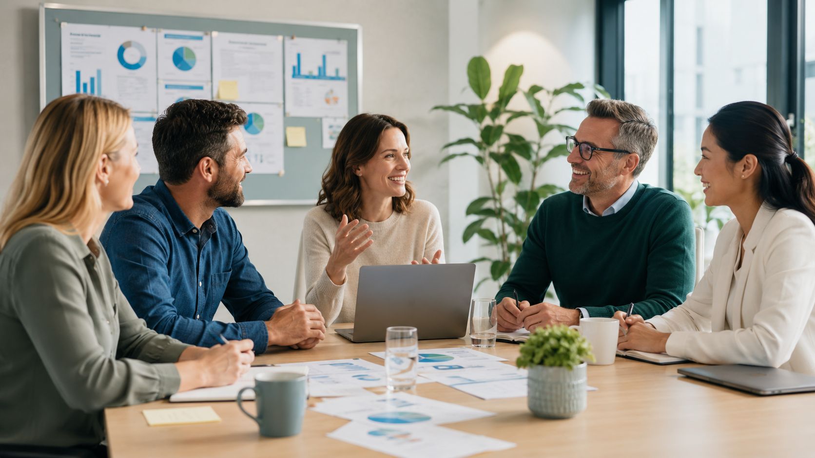 Et mangfoldigt team af professionelle, der sidder omkring et bord og diskuterer forretningsstrategier i et lyst kontormiljø.