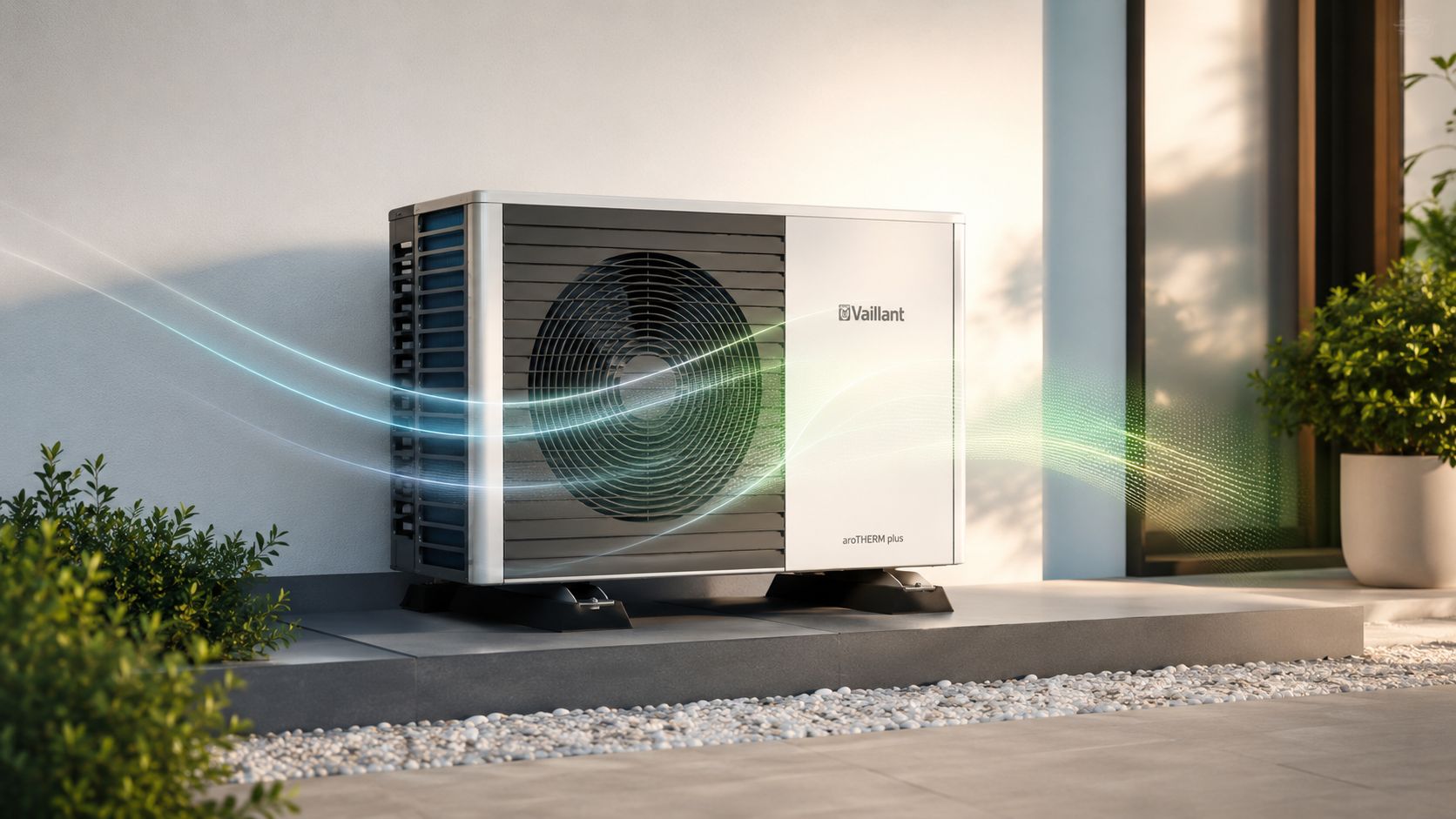 En Vaillant varmepumpe står udendørs med visualiserede luftstrømme, der illustrerer effektiv opvarmning og ventilation til hjemmet.