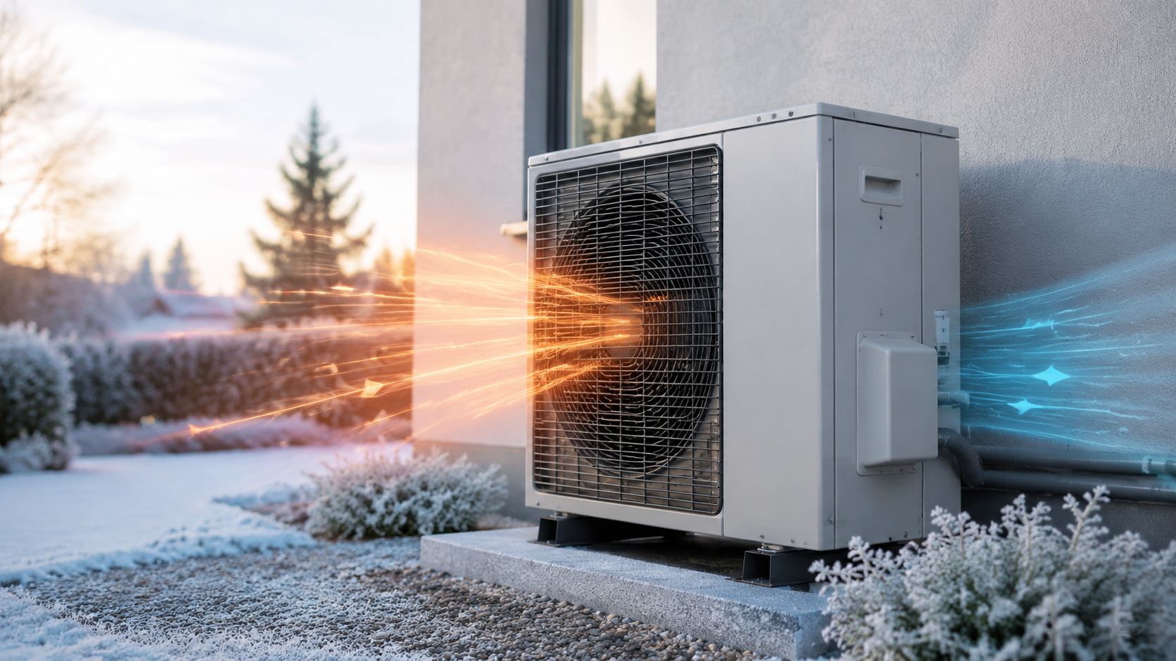 En luft-til-vand varmepumpe placeret udendørs om vinteren, der viser visuelt effektiv energiomdannelse fra kold luft til varme.