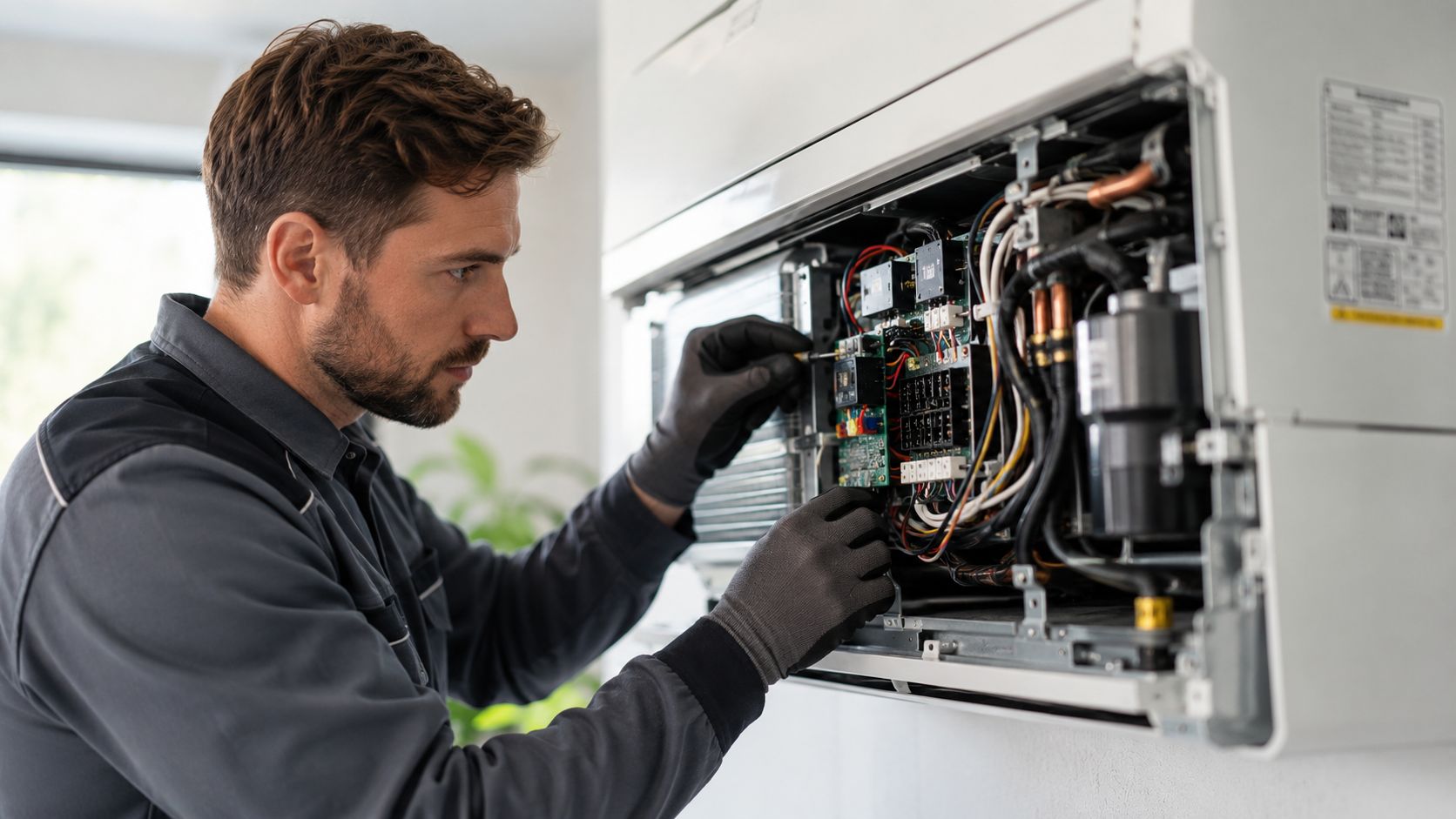 En professionel tekniker, der arbejder fokuseret på reparation og vedligeholdelse af en moderne varmepumpe i et hjem.