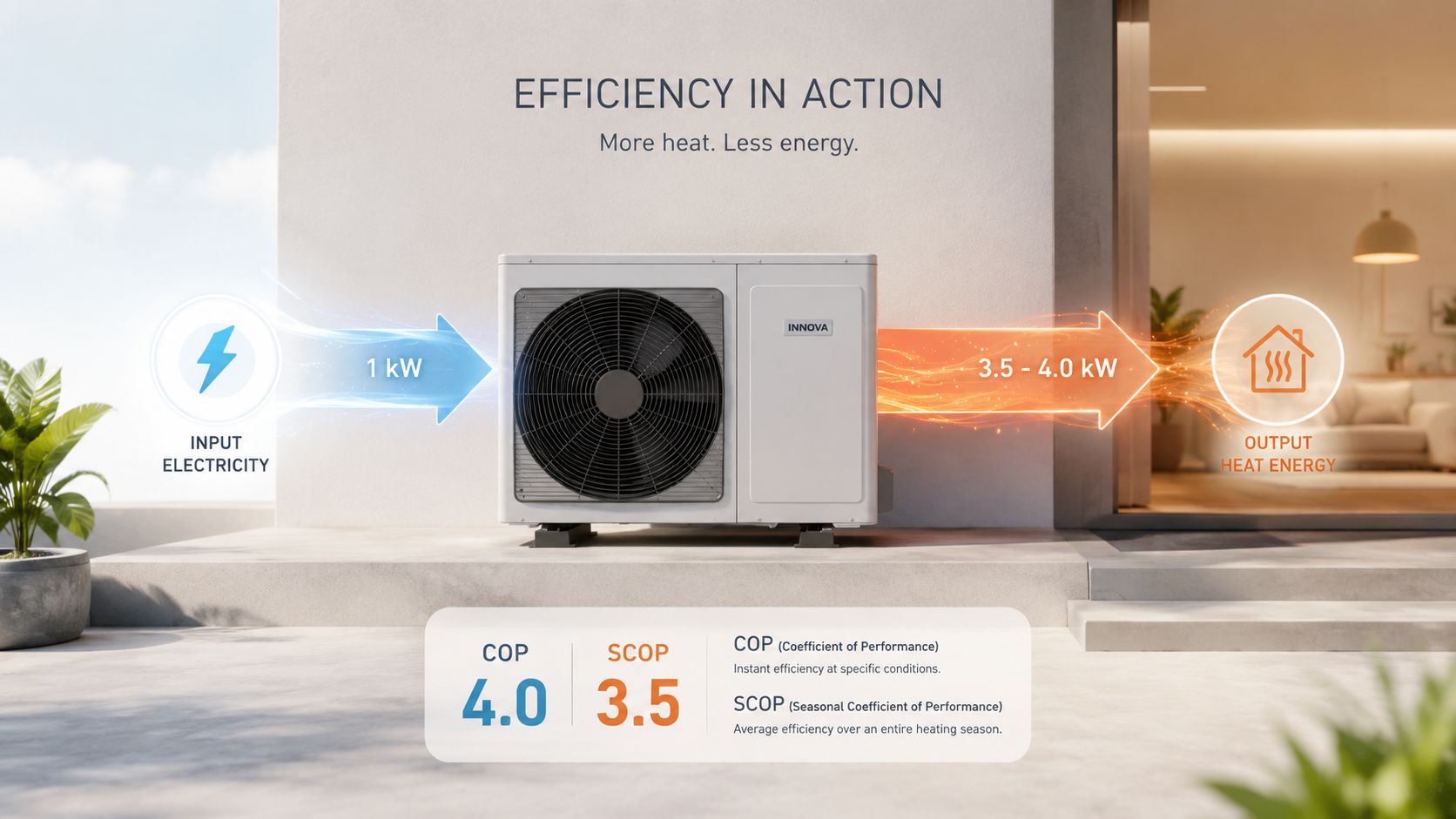 Illustration af en Innova varmepumpe, der viser energieffektivitet ved at konvertere 1 kW el til 4 kW varme.