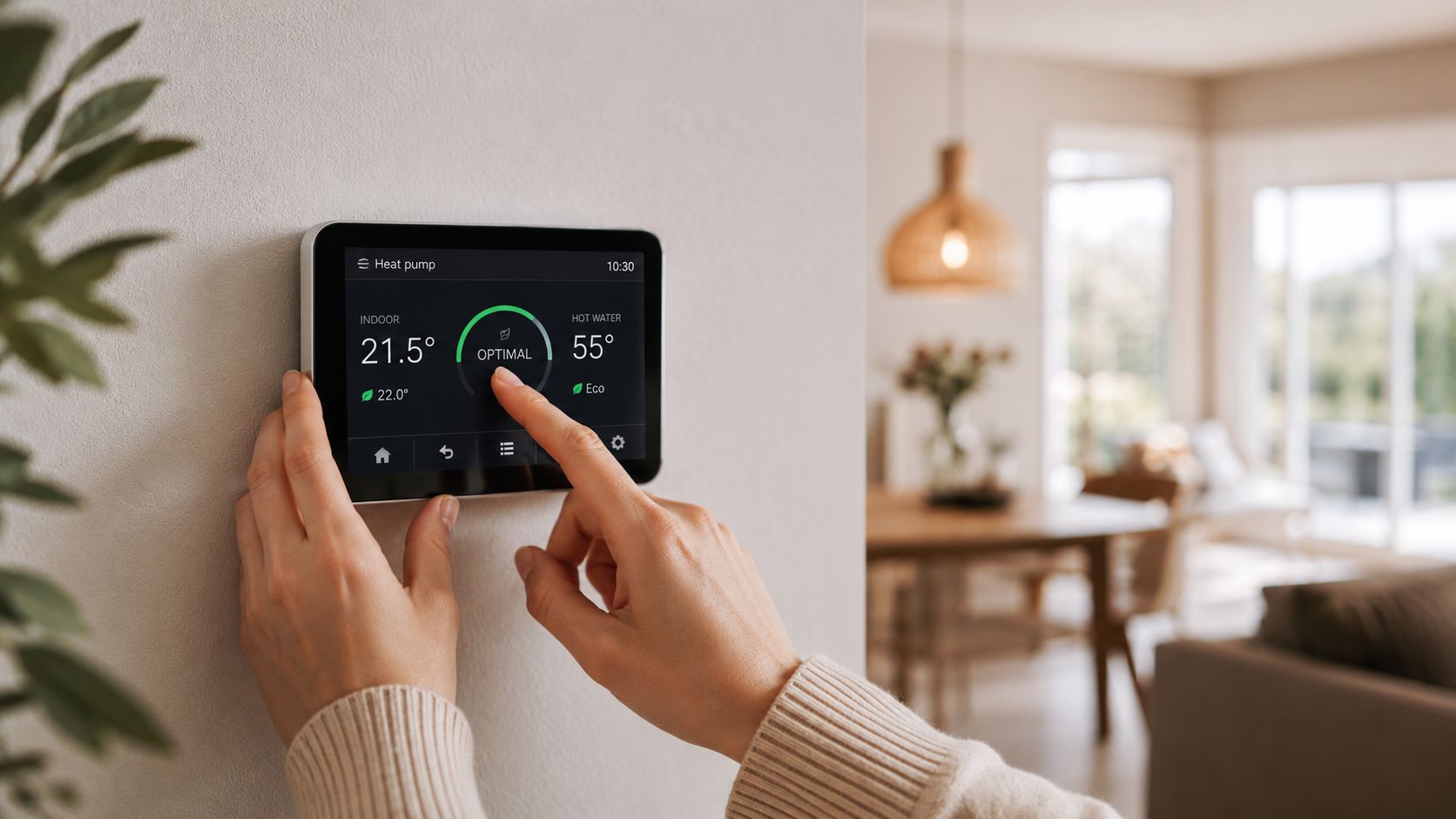 En person justerer indstillingerne på en moderne smart varmepumpe styringsenhed monteret på en væg i et hjem.
