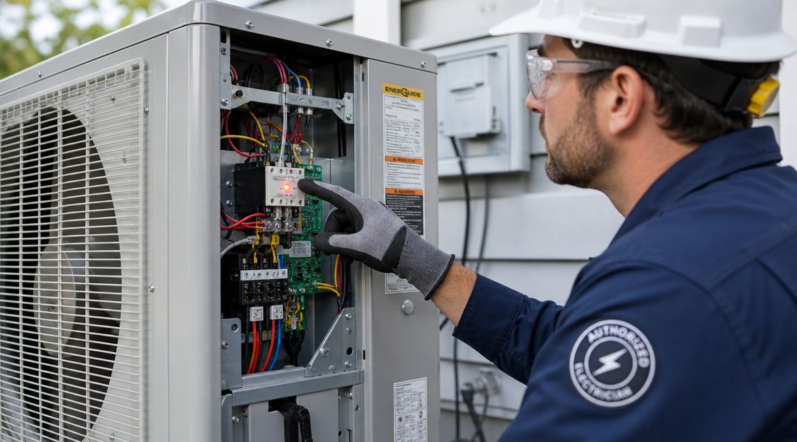 En autoriseret elektriker inspicerer de elektriske komponenter i en udendørs varmepumpe for at identificere tekniske fejl.