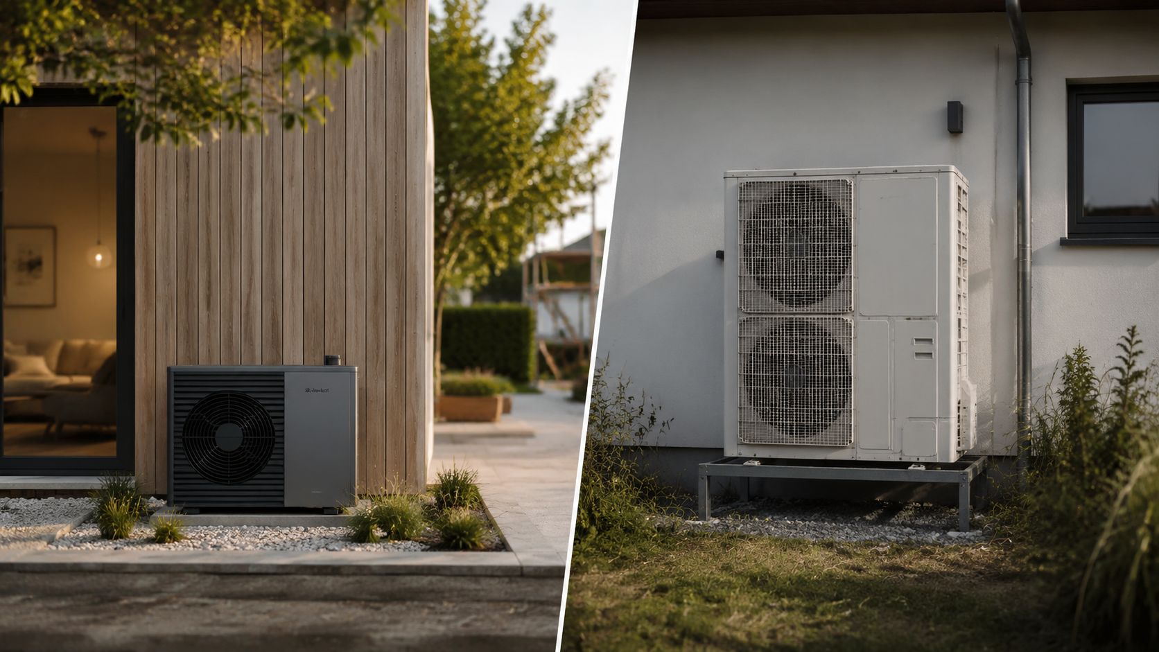 To forskellige varmepumper installeret udendørs ved private boliger, der illustrerer energieffektiv opvarmning af hjemmet.