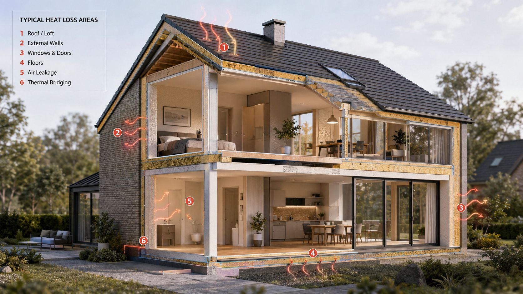 Tværsnit af et hus, der illustrerer typiske områder for varmetab gennem tag, vægge, vinduer og gulve.