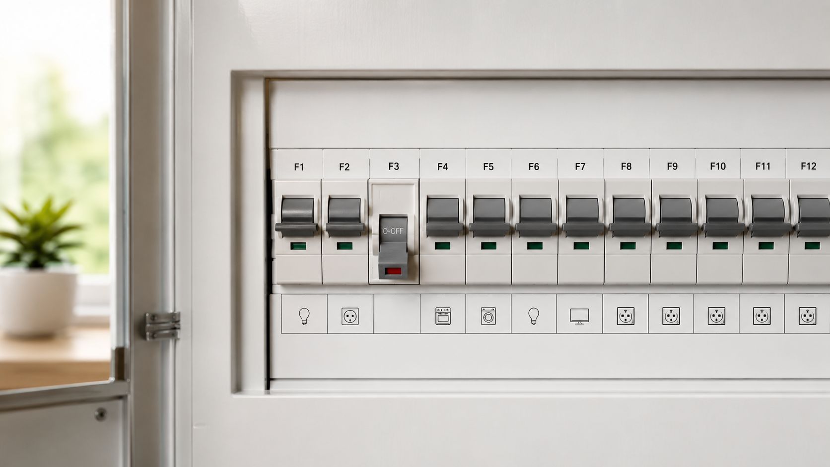 Et elektrisk sikringsskab med automatsikringer i et hjem, hvor én sikring er slået fra.