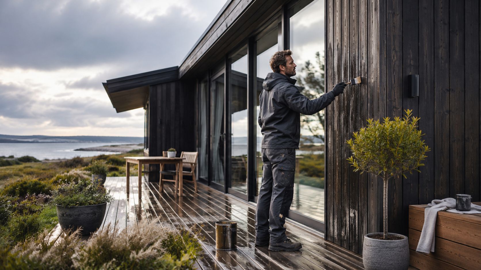 En mand i mørkt arbejdstøj maler træfacaden på et moderne sort hus ved kysten i dagslys.