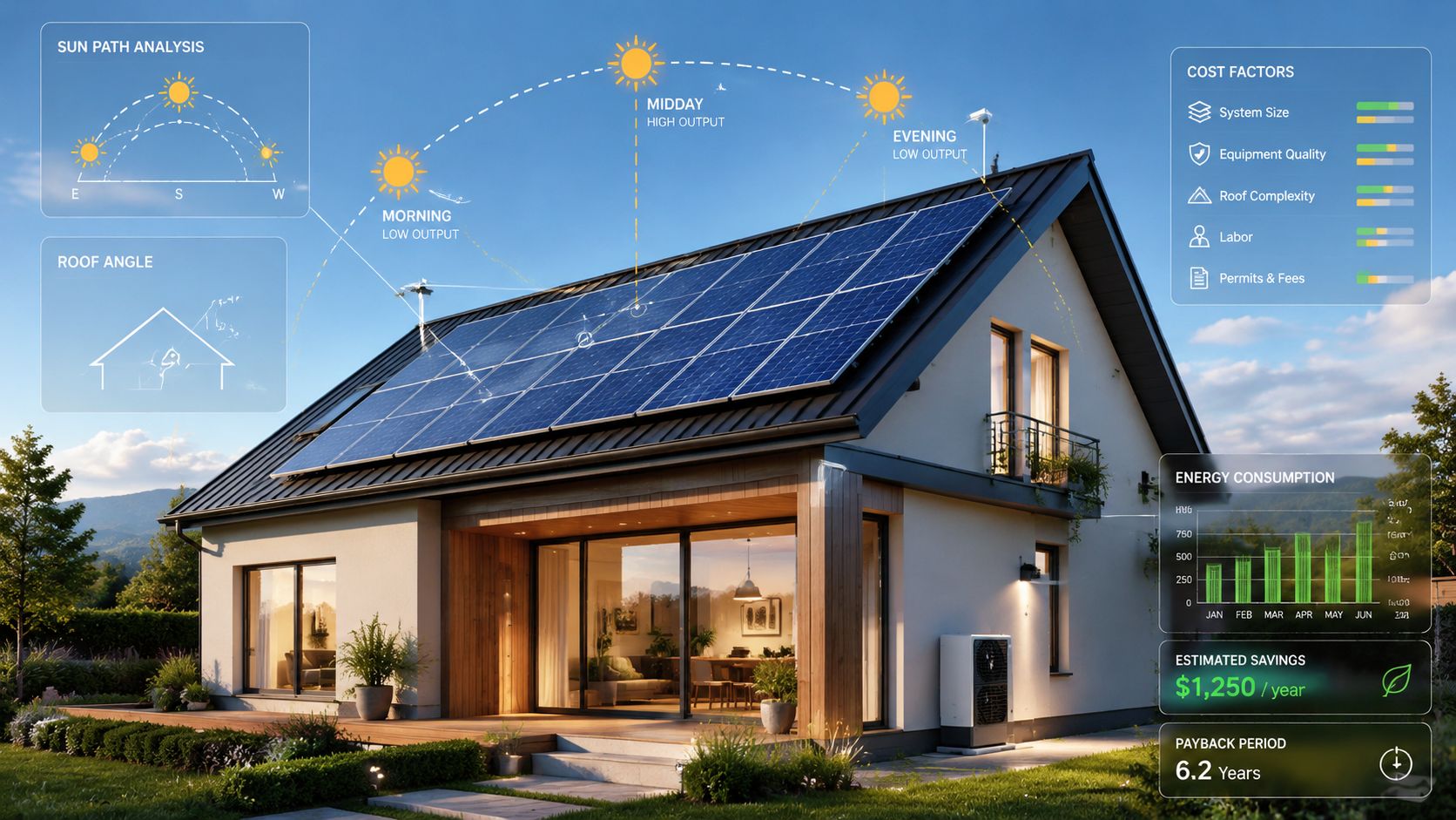 Hus med solpaneler på taget og infografik over solenergi, energiforbrug og økonomiske besparelser ved solcelleanlæg.