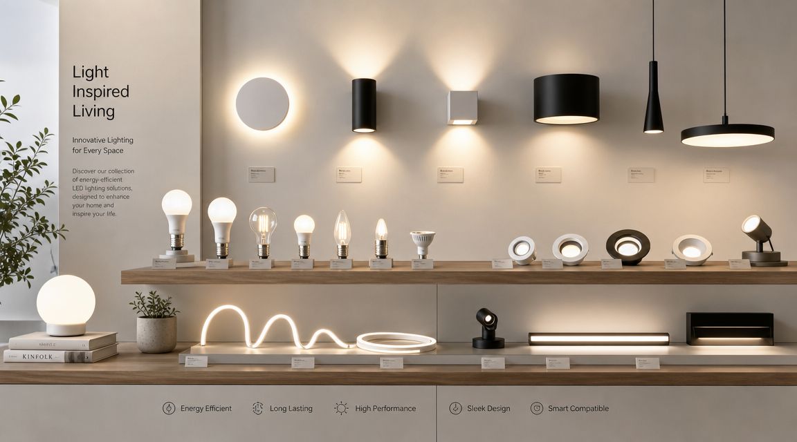 Et udvalg af moderne LED-belysningsløsninger og dekorative lamper udstillet pænt på hylder i et showroom.