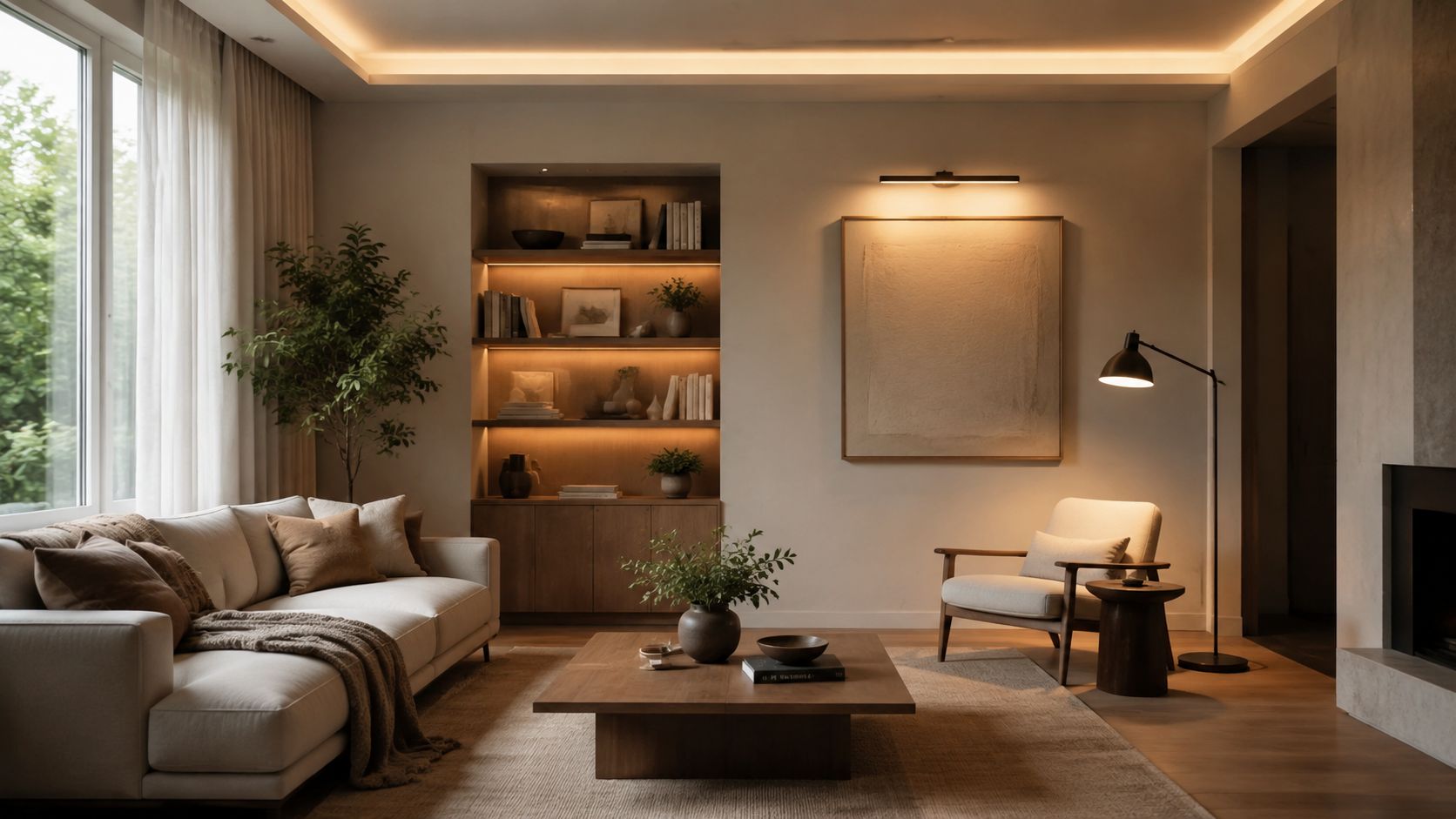 Moderne stue med sofagruppe, hyggelig belysning og stilfuld indretning i varme neutrale jordfarver og minimalistisk design.