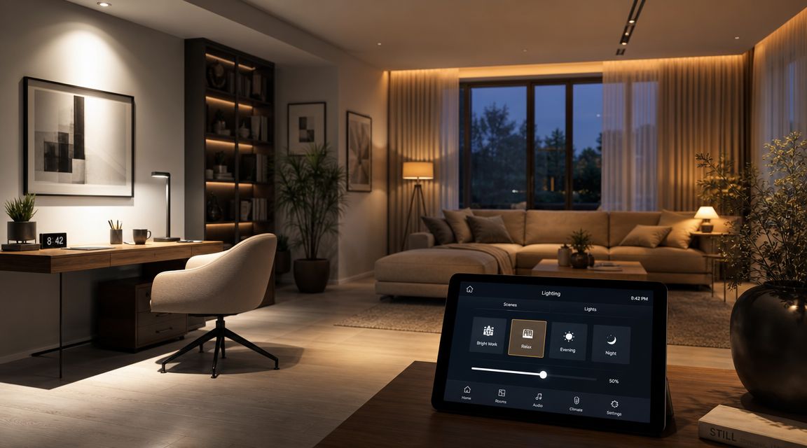 Moderne stue med smart home-kontrolpanel på bordet, der viser belysningsindstillinger og et stilfuldt boliginteriør.