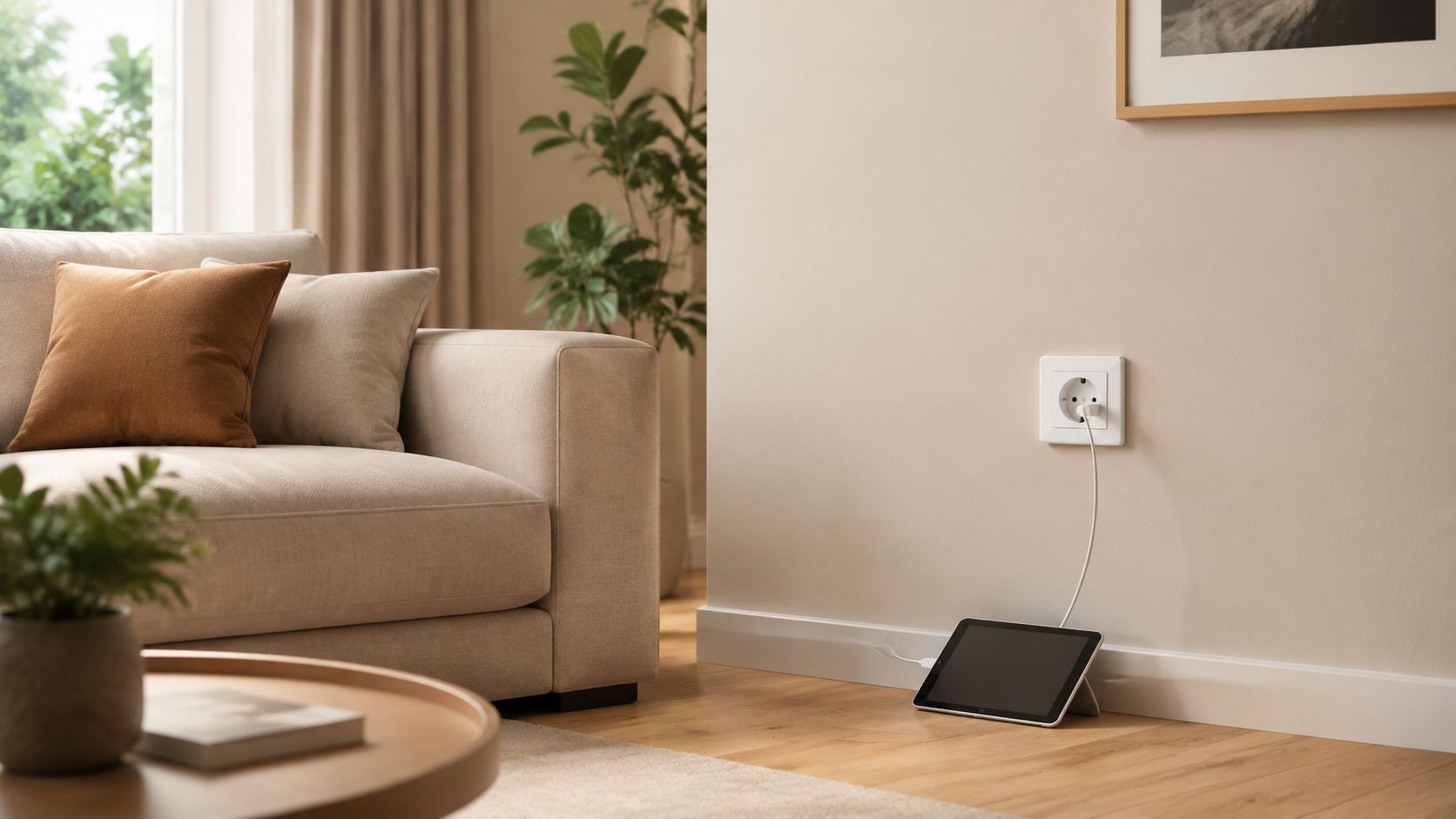 En tablet oplades via et hvidt kabel forbundet til en moderne stikkontakt på en beige væg.