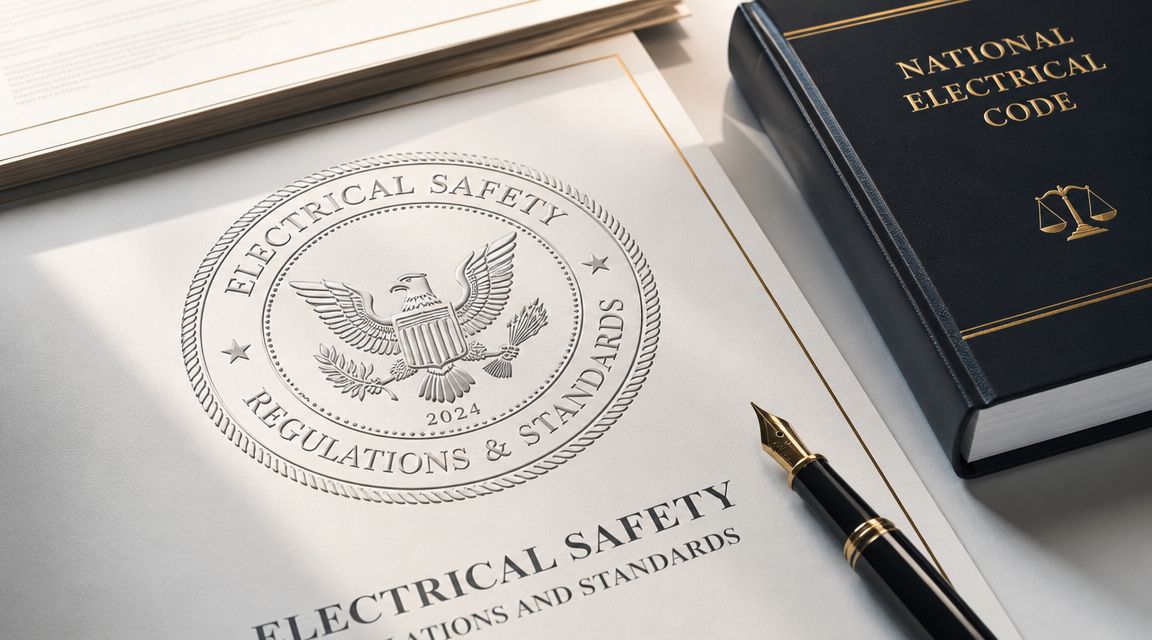 En officiel dokumentmappe med teksten Electrical Safety og en bog med titlen National Electrical Code.