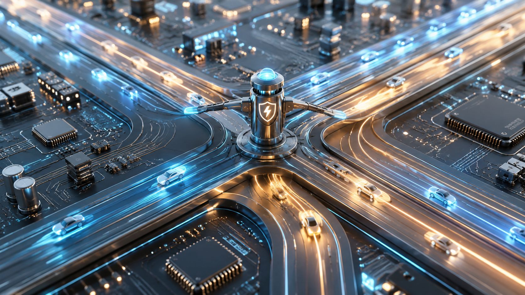 En futuristisk styringsenhed beskytter en digital infrastruktur, der ligner et kredsløb med trafik af lysende biler.