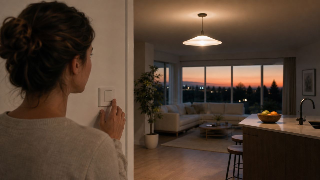 En kvinde tænder lyset i en moderne stue med en flot udsigt over en solnedgang udenfor.