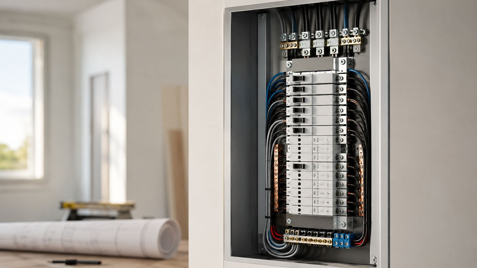 En moderne elektrisk eltavle med mange sikringer monteret i en væg under en renovering eller nybyggeri.