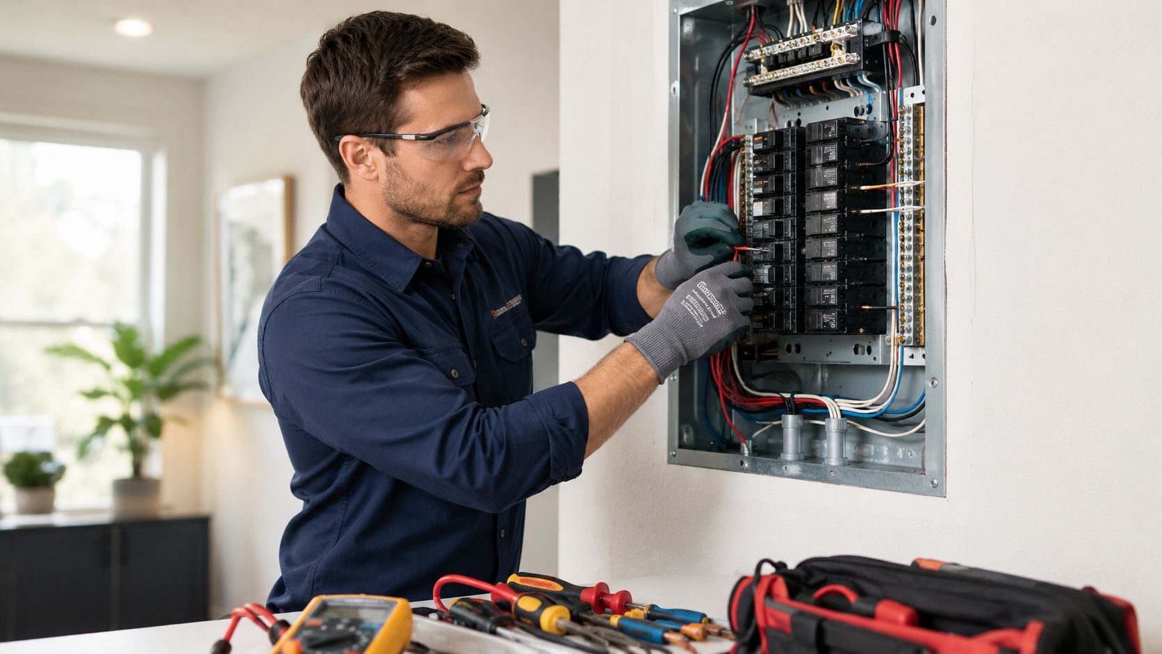 En professionel elektriker er i gang med at udføre vedligeholdelse og reparation af en elektrisk tavle.