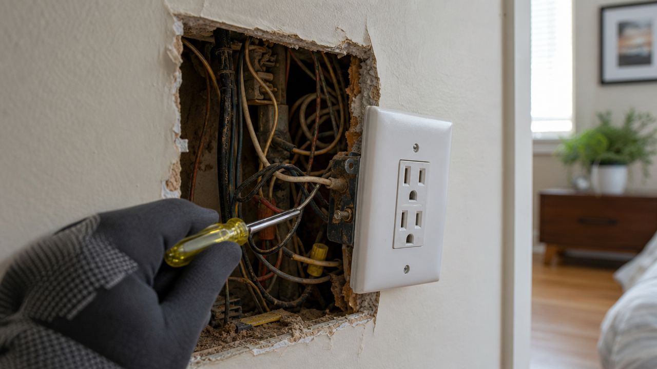 En elektriker med arbejdshandsker bruger en skruetrækker til udskiftning af stikkontakter i en væg med blotlagte ledninger.