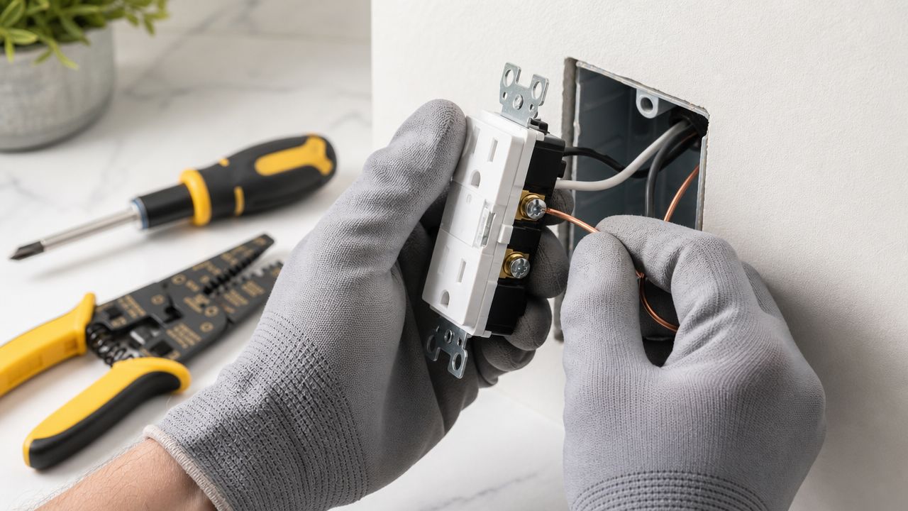 Person med grå arbejdshandsker installerer en ny elektrisk stikkontakt i en væg med professionelt værktøj ved siden af.