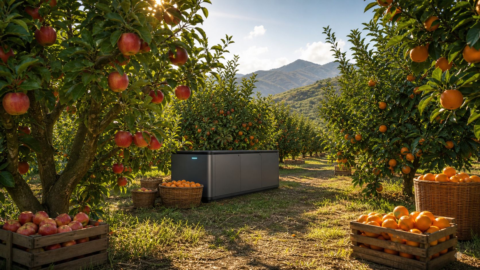 Et moderne batterisystem placeret i en frugtplantage med æbletræer og kurve fulde af høstet frugt.