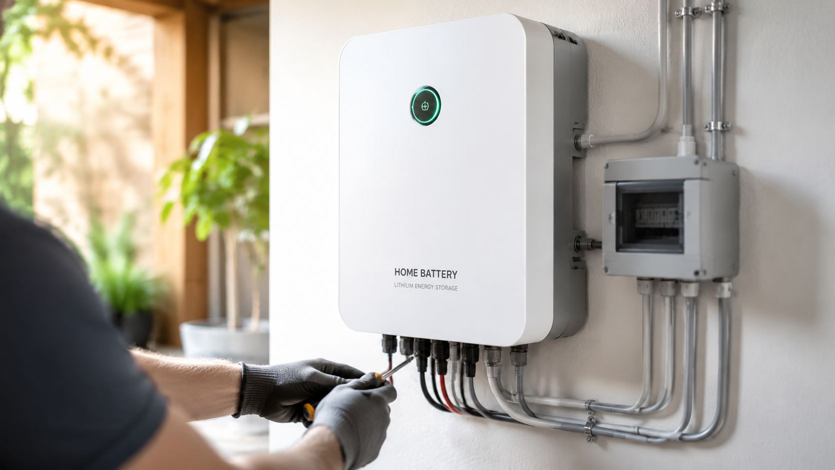 En tekniker arbejder på installationen af et hvidt vægmonteret litium-batteri til et solcelleanlæg i et hjem.
