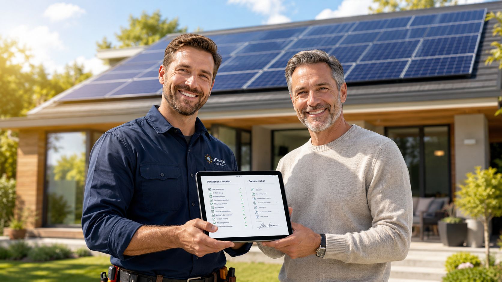 En solcelletekniker viser en komplet installationscheckliste til en tilfreds boligejer foran et hus med solceller.