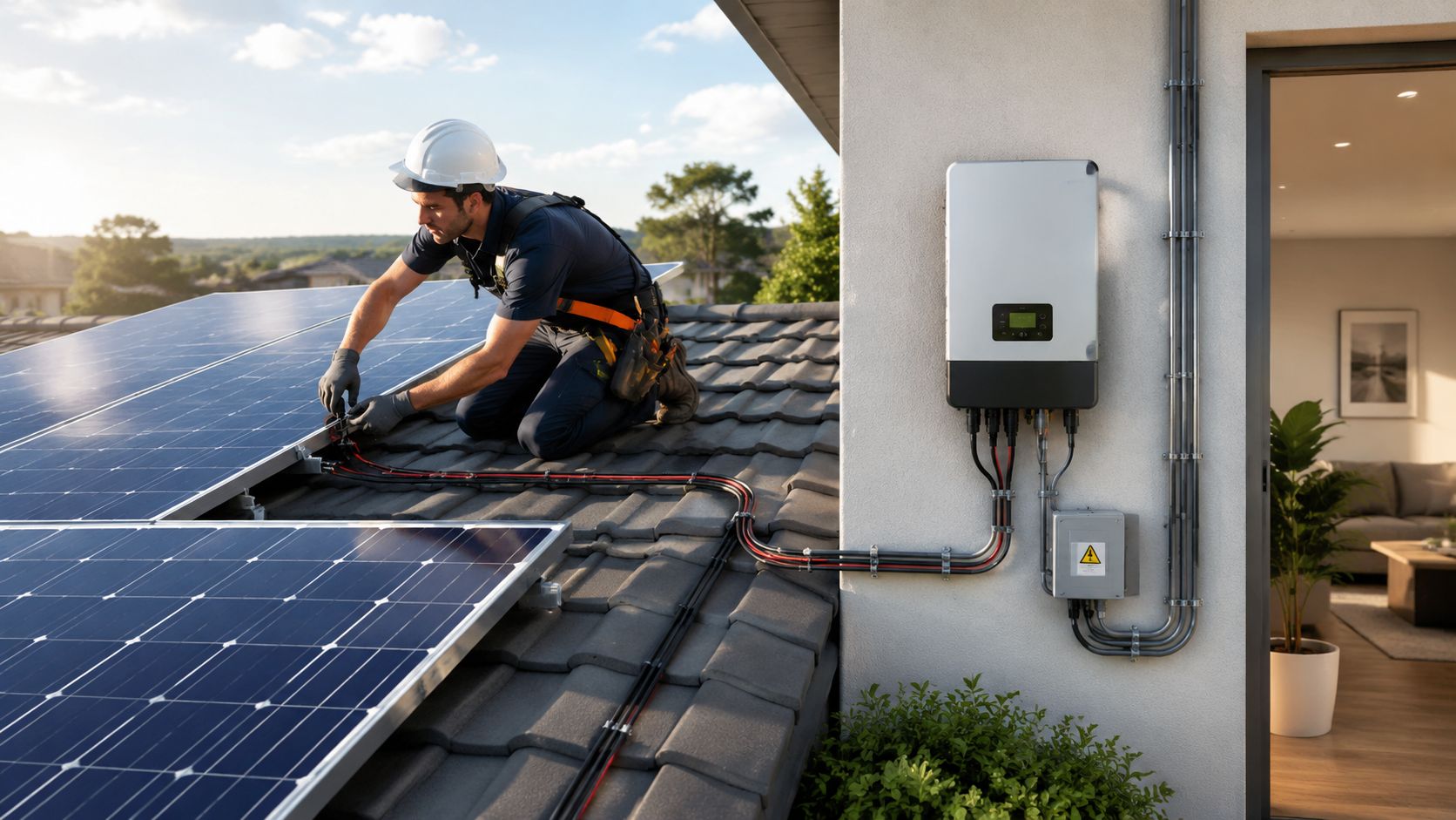 En tekniker monterer solpaneler på et tag af fliser ved siden af en inverter og elinstallationer.