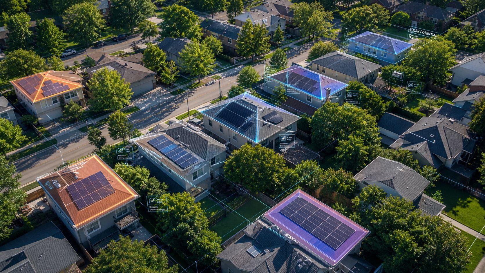 Luftfoto af et villakvarter med digitale overlays, der viser solcelleanlæg og deres energipotentiale på hustage.
