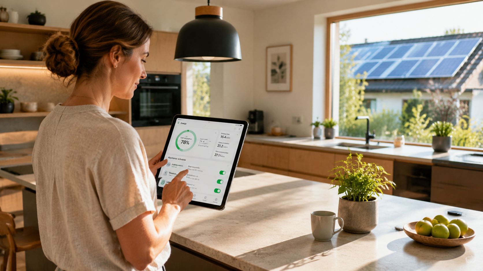 Kvinde der tjekker energiforbrug på en tablet i sit køkken med solceller på taget i baggrunden.