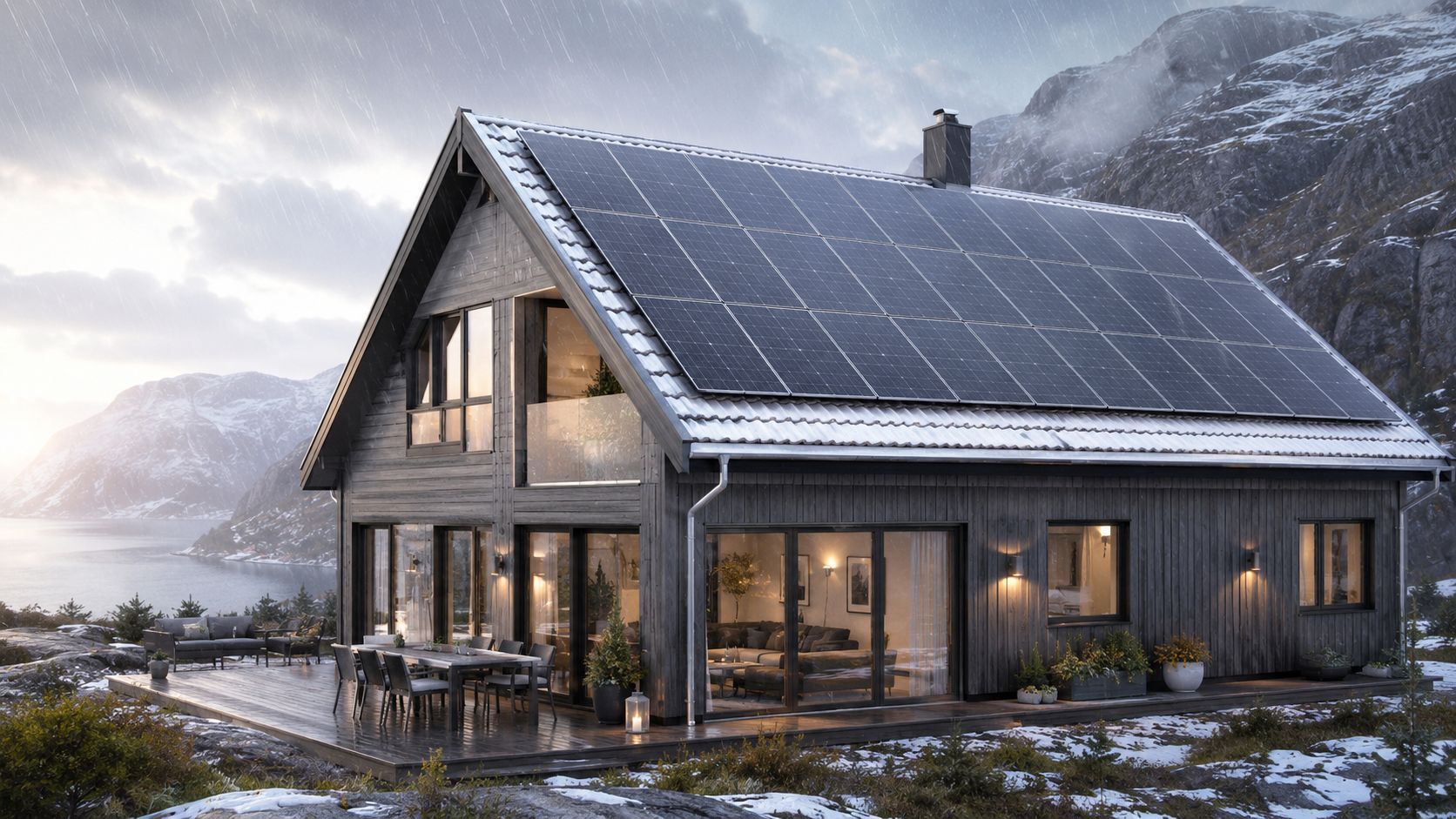 Moderne mørkt træhus med solcelleanlæg på taget placeret i smukke, snedækkede bjerge ved en norsk fjord.