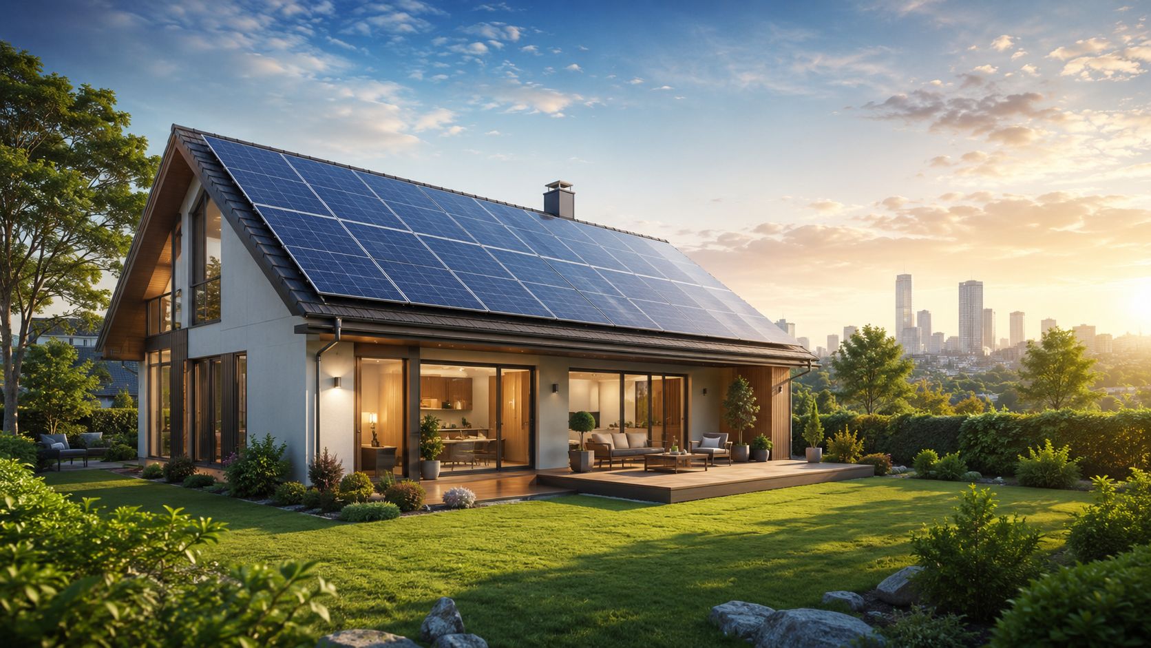 Moderne hus med solpaneler på taget i en frodig have med udsigt over en by i horisonten.